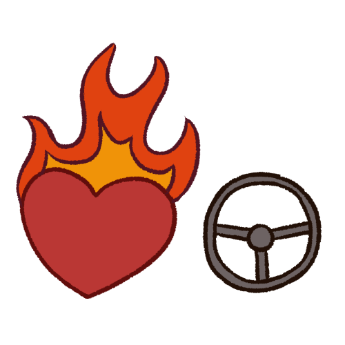 A drawing of a red heart symbol on fire, with a steering wheel to the right of it.